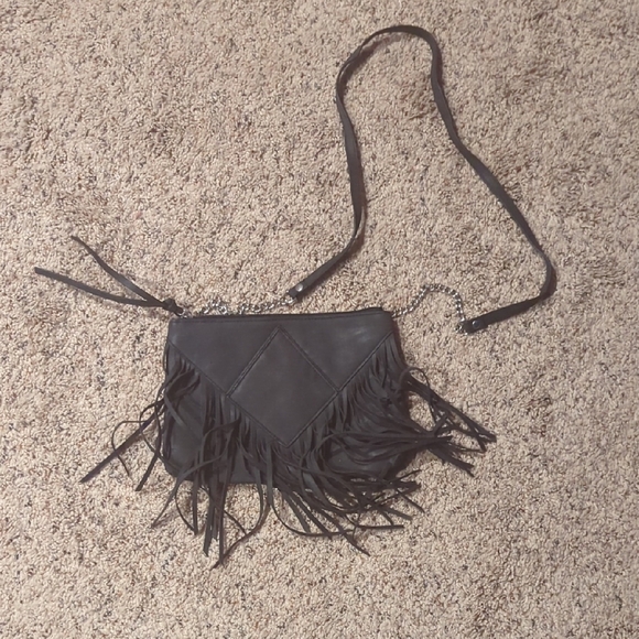 Handbags - Fringe Black Faux Leather Crossbody Bag